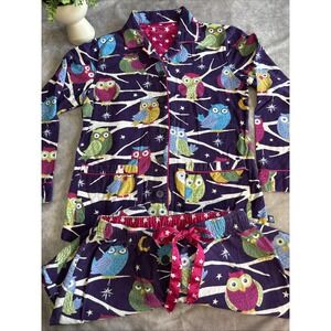 Nick Nora Pajama Set Womens Small Owl Flannel Purple Sleepwear Y2K 100% Cotton